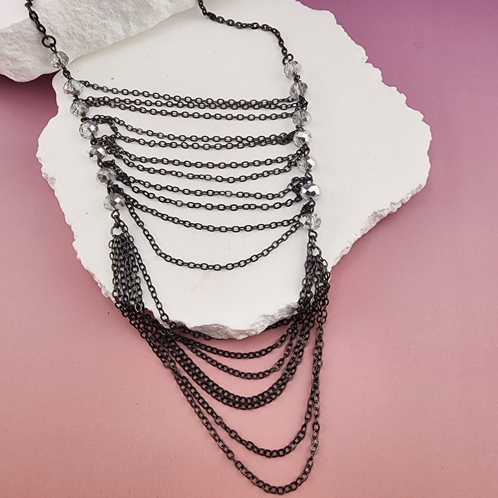 Gunmetal Multi Strand Bib Necklace Clear Faceted Glass Beads Gothic Statement